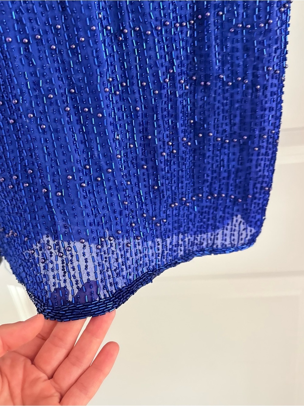 Vintage 80s Scala Paris Blue Beaded Sequin Silk Dress Medium Cocktail Party 90s - Picture 4 of 11